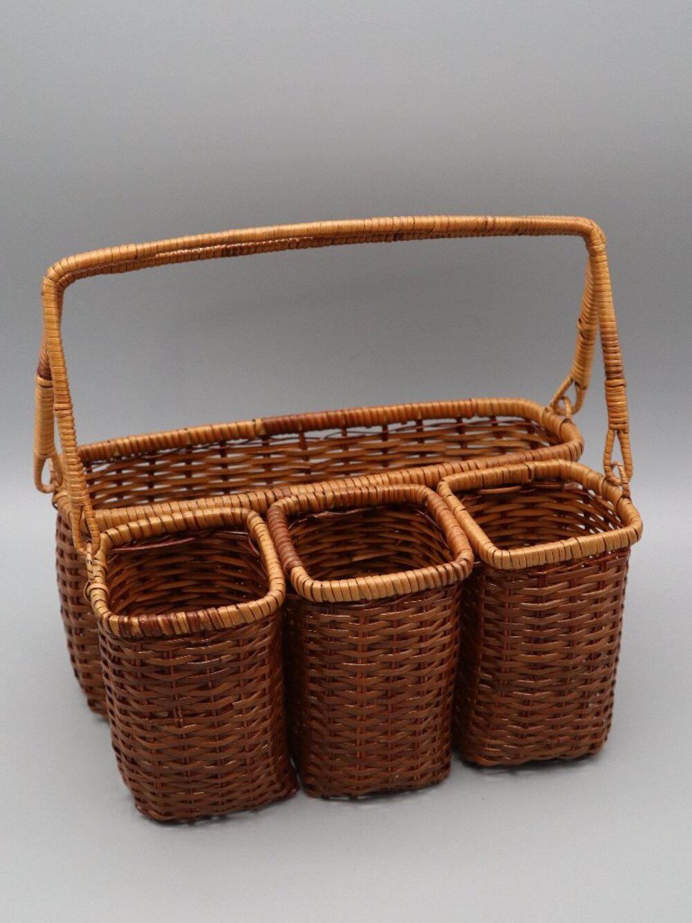 Vintage Wicker Rattan Utensil Caddy Napkin Holder w/ Handles Basket Cottagecore